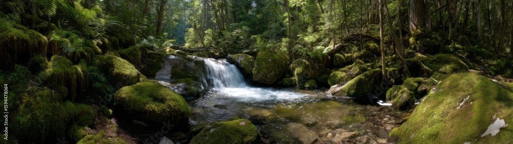 Naklejka premium Flowing stream in a lush forest 360 degrees hdr panorama serene nature scene