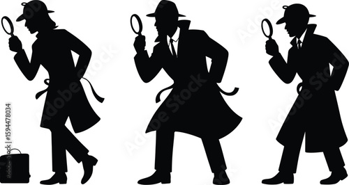 Black Detective Silhouettes with Magnifying Glasses and Trench Coats on White