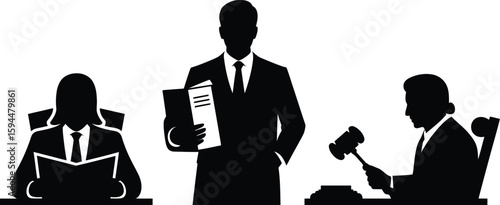 Silhouetted Legal Figures Lawyer Judge and Witness in Courtroom Setting