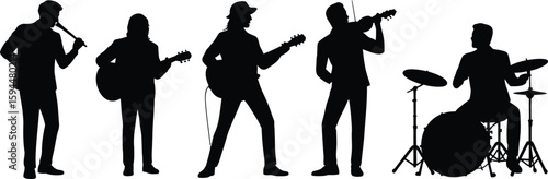 Silhouette Band Performing with Microphone Guitar Violin and Drums