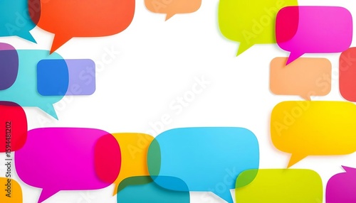 Abstract colorful speech bubbles overlapping on white background, conveying communication and dialogue,  modern,  overlapping shapes