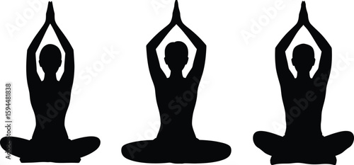 Three Black Silhouettes in Yoga Pose with Arms Raised Above Head