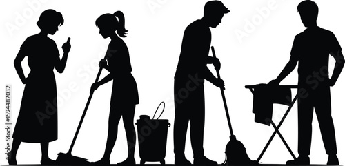 Silhouetted People Cleaning and Doing Laundry on White Background