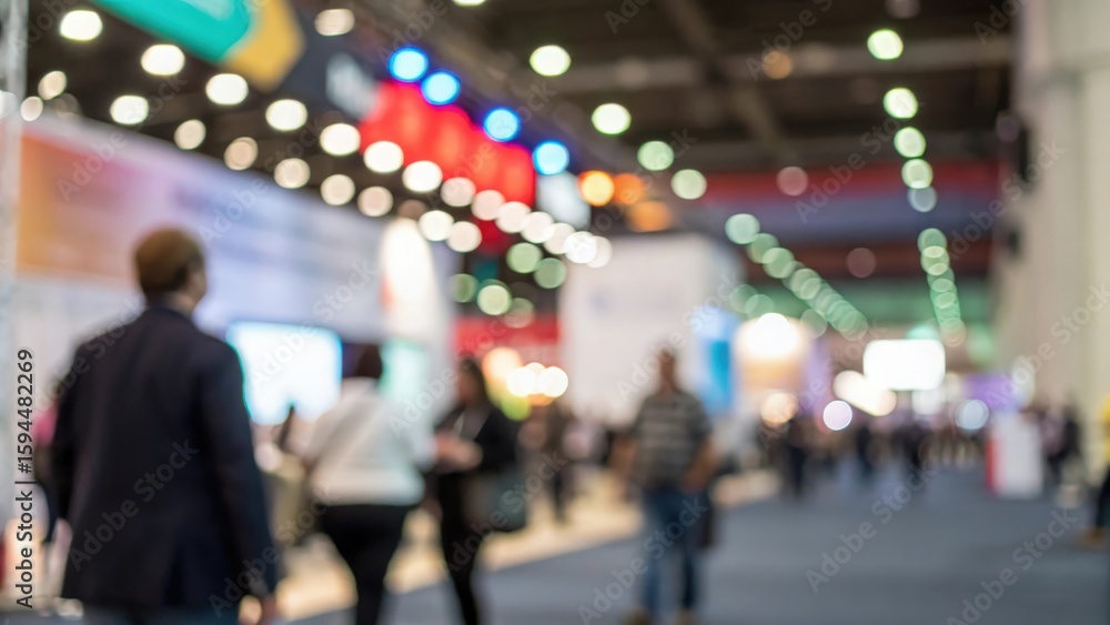 Fototapeta premium Colorful conference lights with indistinct figures — dynamic energy of a business event 