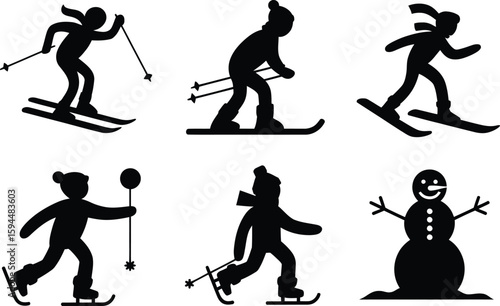 Black Silhouettes of Skiers Skaters and a Snowman on White Background