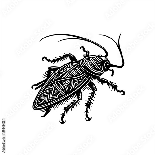 Intricate Black and White Cockroach Illustration.