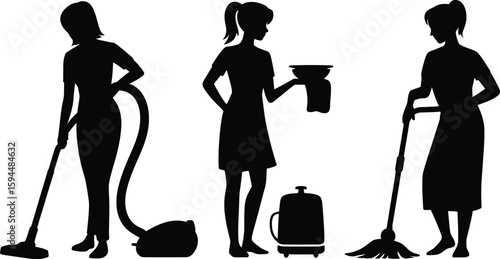 Black Silhouettes of Women Performing Cleaning Tasks Vacuuming Serving Mopping