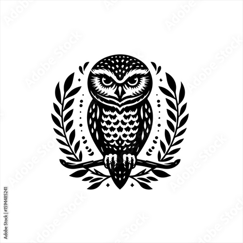 Majestic Owl Perched on Branch with Laurel Wreath.