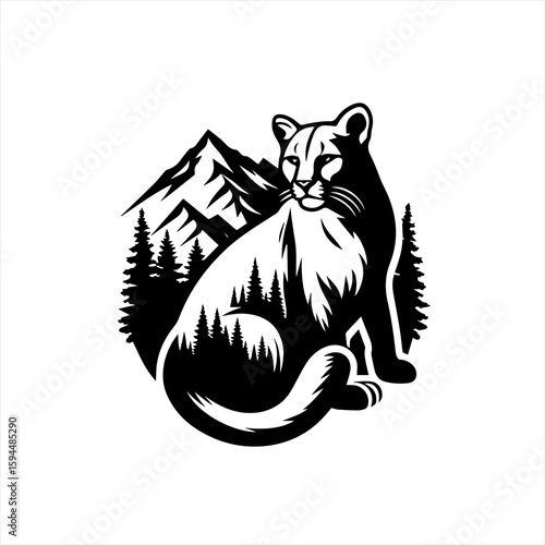 Majestic Mountain Lion Silhouette with Pine Forest and Peaks.