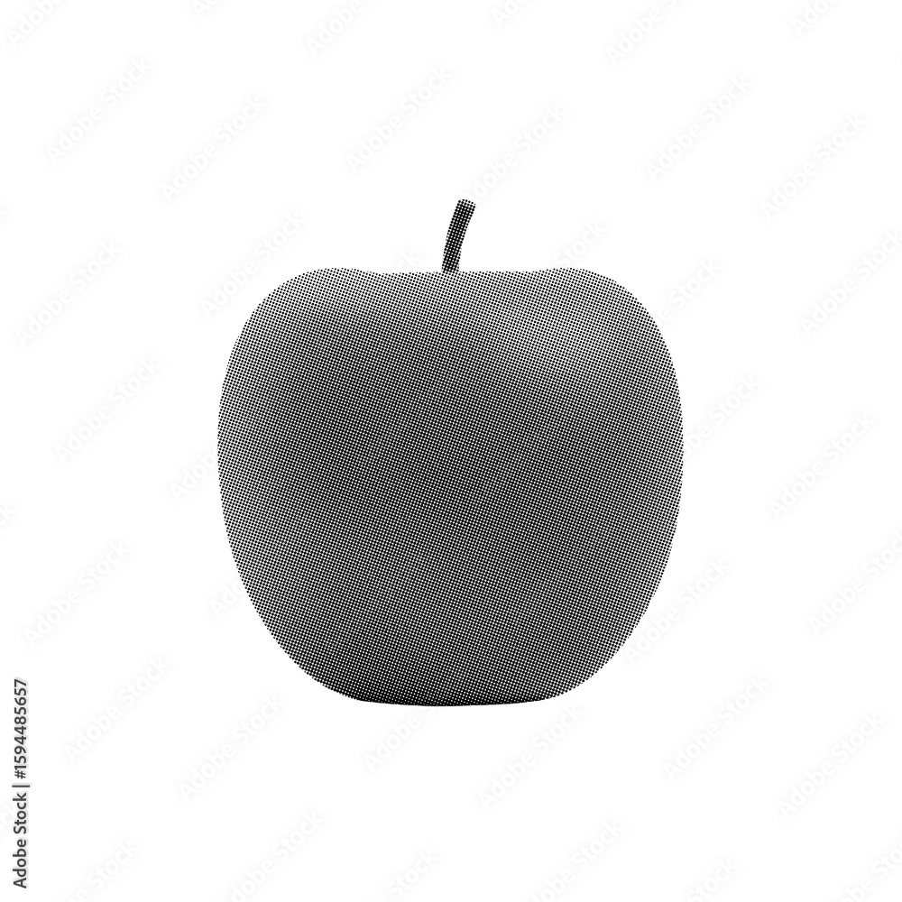 Obraz premium Vintage Halftone Illustration of a Red Apple Angled View, Ultra-Smooth Gloss Depicted Through Dense Stipple Mesh, Classic Fruit Engraving on Black Background