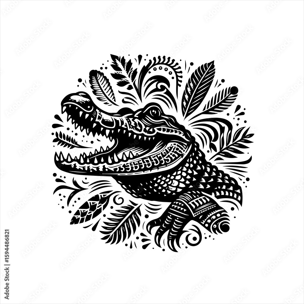 Stylized Black and White Alligator Head with Floral Elements. Stylized Black and White Alligator Head with Floral Elements.