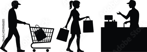 Silhouettes of shoppers with shopping cart bags and cashier at checkout counter