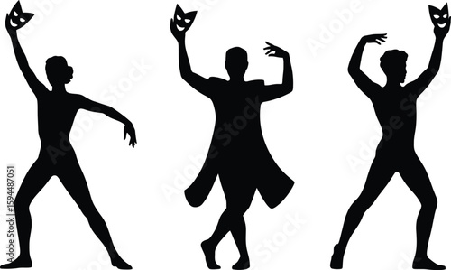 Silhouetted Figures Holding Masks in Theatrical Poses Against White Background