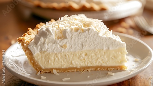 Slice of Coconut Cream Pie with Whipped Topping and Shredded Coconut