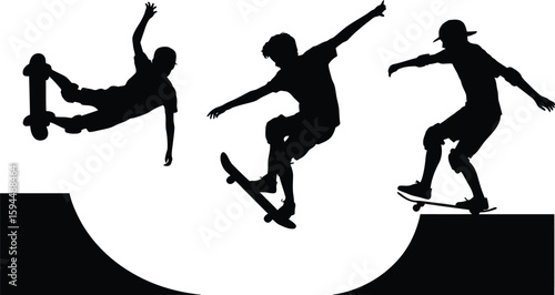 Silhouetted Skateboarders Performing Tricks on Ramps Against White Background