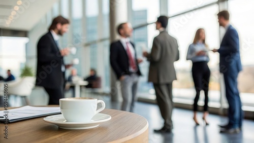 Business Workshop Coffee Break Scene — Colleagues chatting in background blur

