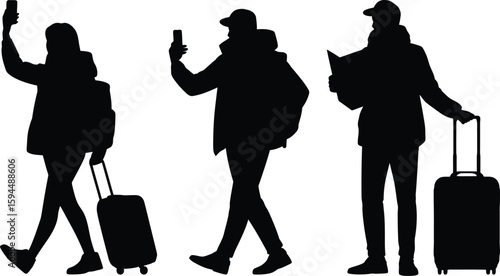 Silhouettes of Travelers with Luggage and Smartphones on White Background