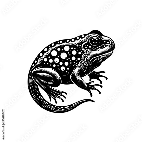 Stylized Black and White Frog Illustration.