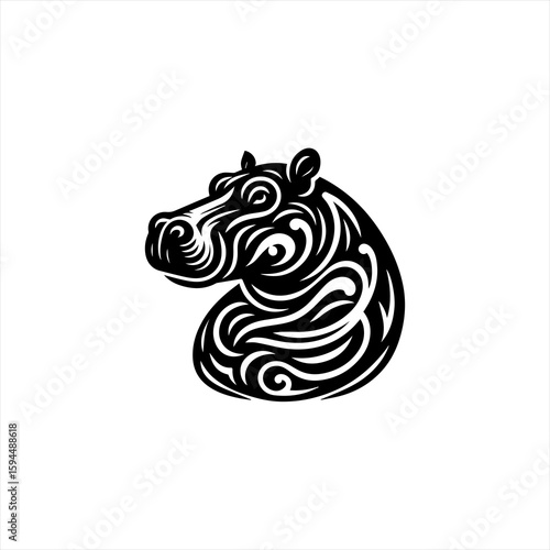 Stylized Black and White Hippopotamus Head Logo.