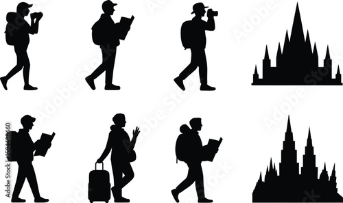 Silhouettes of Tourists Walking with Backpacks and Luggage with Cityscapes
