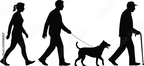 Black silhouettes of people walking a dog and using a cane on white background
