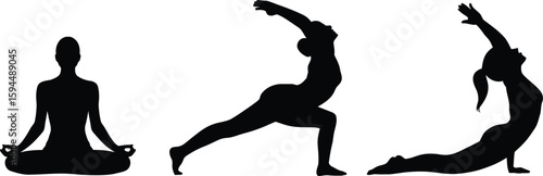 Black Silhouettes of Yoga Poses on White Background 