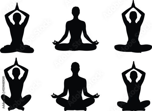 Black Silhouettes of Yoga Poses on White Background 