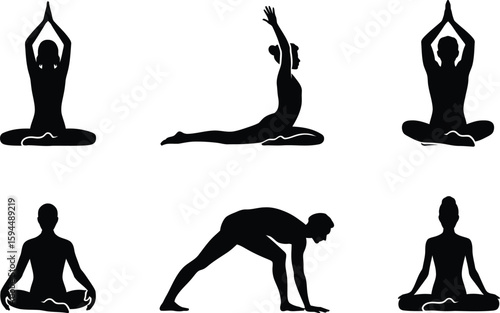 Black Silhouettes of Yoga Poses on White Background 