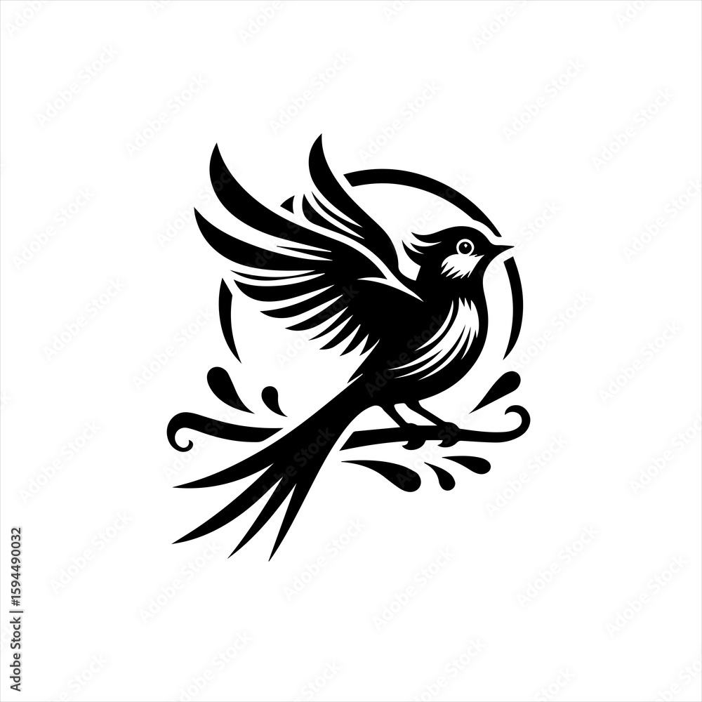 Fototapeta premium Stylized Black Bird in Flight on Branch.