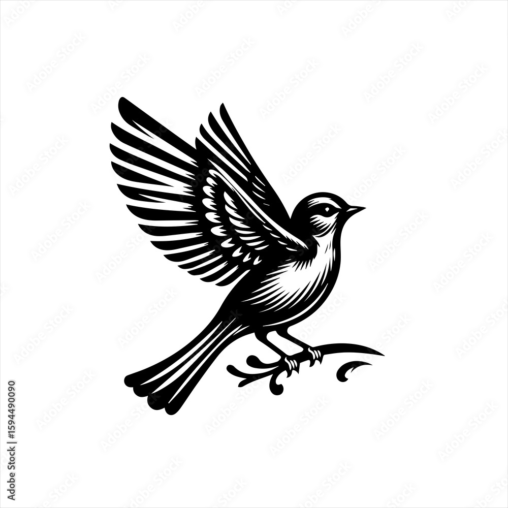 Obraz premium Stylized Black Bird Perched on Branch.