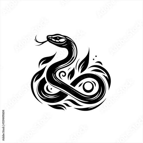 Stylized Black Snake with Swirling Ornaments.