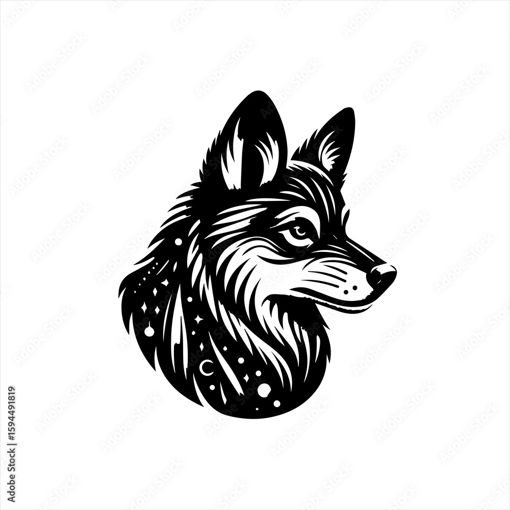 Obraz premium Stylized Black Wolf Head with Celestial Elements.