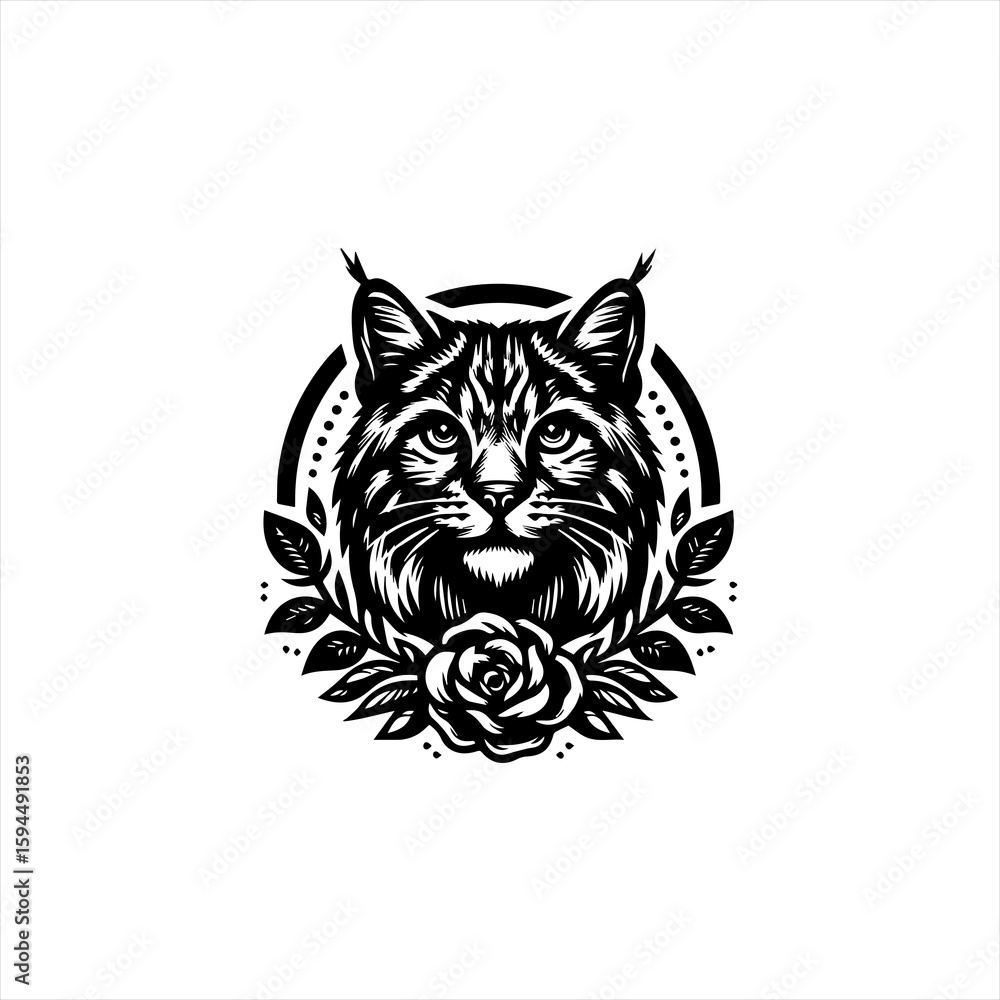 Fototapeta premium Stylized Bobcat Head with Rose and Laurel Wreath.