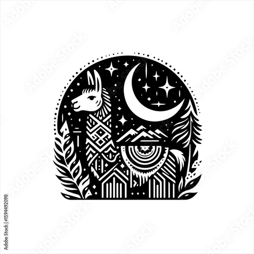 Stylized Llama Under a Crescent Moon and Stars.