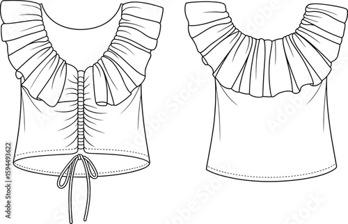 Fashion flat sketch of women’s off shoulder ruffle top with drawstring front and back view, detailed cad illustration design
