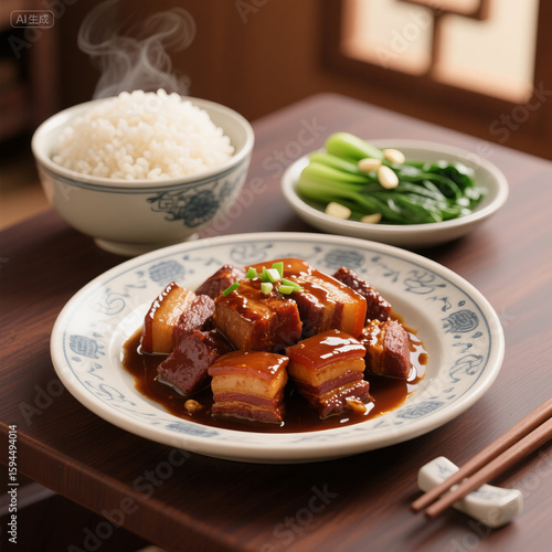Traditional Chinese Braised Pork Belly with Steamed Rice and Vegetables