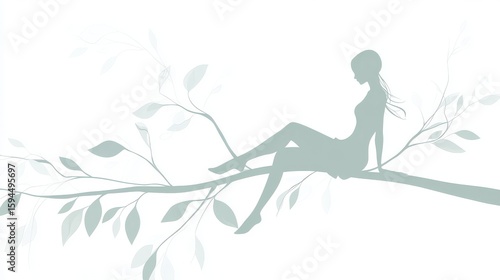 Wallpaper Mural 120.A calming, simple linear illustration of a woman sitting on a tree branch, gently swaying with the breeze. The design uses minimalistic lines, creating a peaceful, daydreaming atmosphere with the Torontodigital.ca