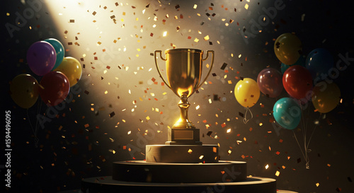Golden Trophy on Winner's Podium with Confetti and Balloons; Celebratory Achievement Concept