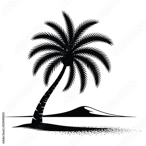 Palm tree silhouette icon in black featuring curved trunk, detailed fronds, and sandy hilltop base for tropical, travel, and nature-themed designs