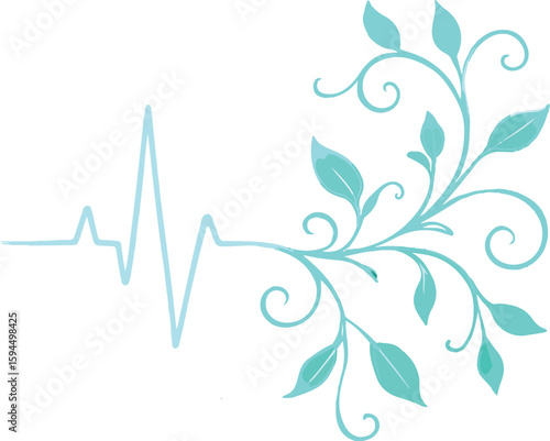 Vector logo of light blue heartbeat line merging into decorative floral swirls and leafy pattern in stylized minimal design, symbolizing medical wellness, nature healing, artistic health identity, hum