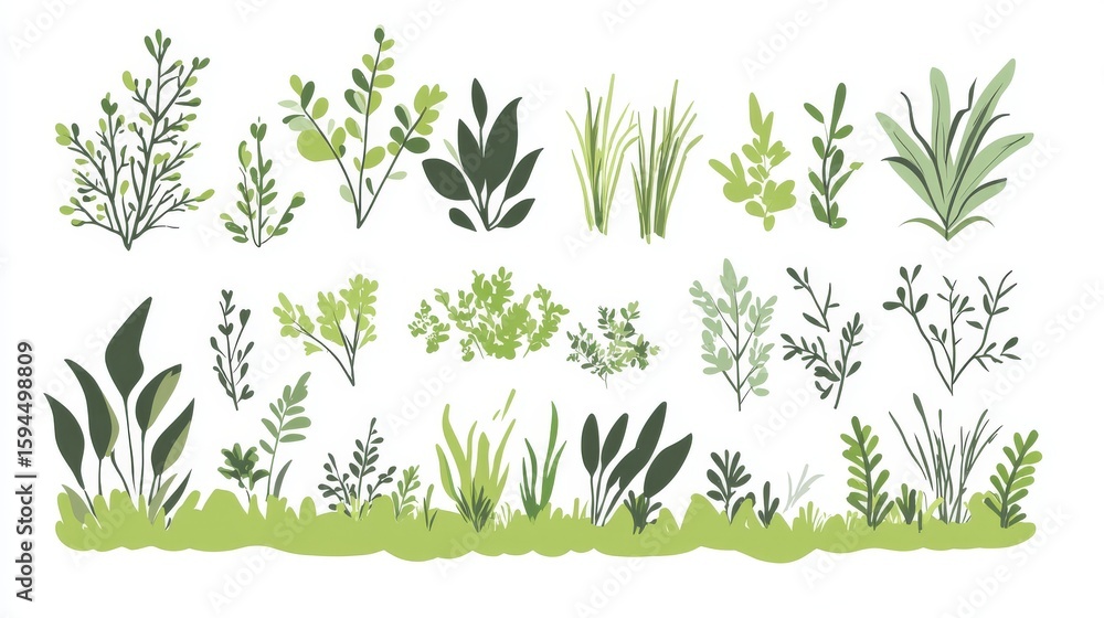 Fototapeta premium 105.A minimalist vector design featuring green flat bushes and shrubs, each with simple lines and shapes. The set includes stylized grass elements and abstract trees, creating a clean and