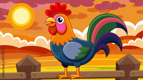 Colorful Cartoon Rooster on Fence at Sunrise – Farm Animal Vector Illustration