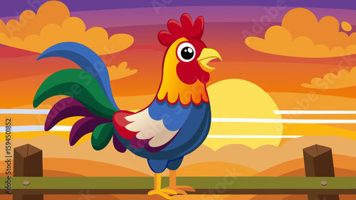 Colorful Cartoon Rooster on Fence at Sunrise – Farm Animal Vector Illustration