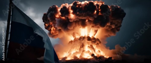 Tattered Russian flag with nuclear explosion mushroom cloud