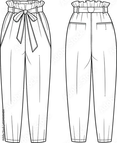 Flat vector CAD drawing of high waist paper bag trousers with belt tie, tapered leg, front and back view, technical sketch