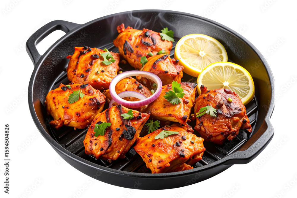 Fototapeta premium Sizzling Chicken Tikka on Iron Skillet with Smoke, Isolated on Transparent Background