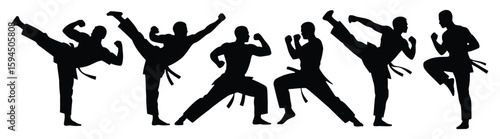 Martial arts silhouette icon set in black featuring six unique defensive and offensive action poses for sports branding and fitness design themes