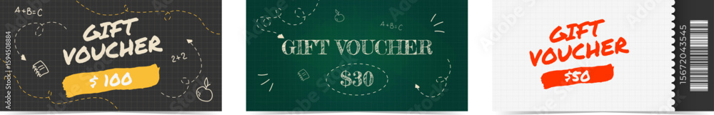 Obraz premium Gift vouchers set with handwritten school elements in doodle style. Black, green, white chalkboard and checkered paper on background. Vector illustration