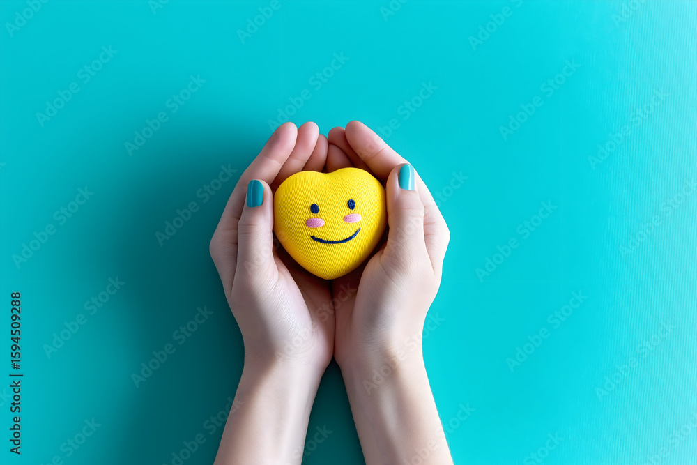 Two hands gently hold a yellow heart-shaped object with a smiley face, set against a bright turquoise background. Two hands gently hold a yellow heart-shaped object with a smiley face, set against a bright turquoise background.