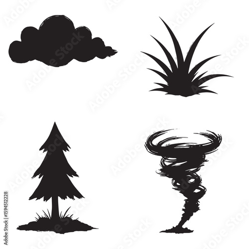 Hand drawn silhouette illustrations of cloud grass tree and tornado against white background